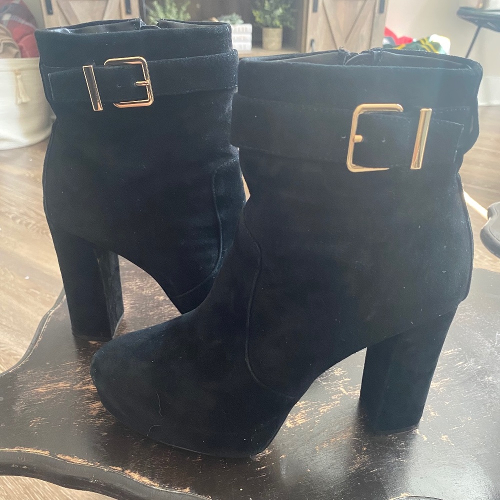 Express Genuine Suede Platform Buckle Boots